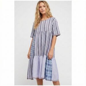 Handmade Upcycled Patchwork Boho Flowy Dress L XL Blue Purple Reversible Tunic